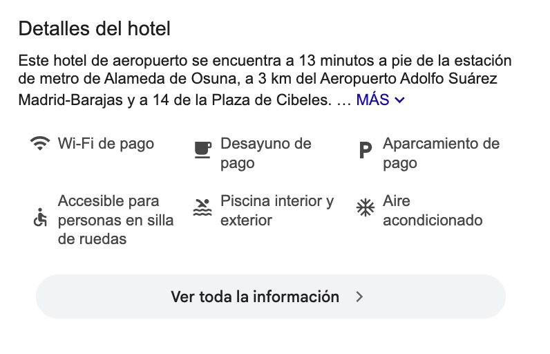 Atributos de un hotel en la ficha de Google