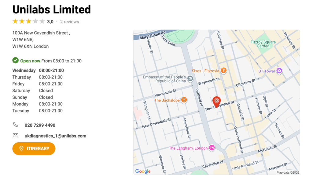 Example of a local page on a medical laboratory chain's Store Locator