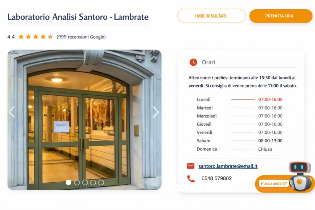 Pagina locale completa dello store locator di una rete di laboratori medici