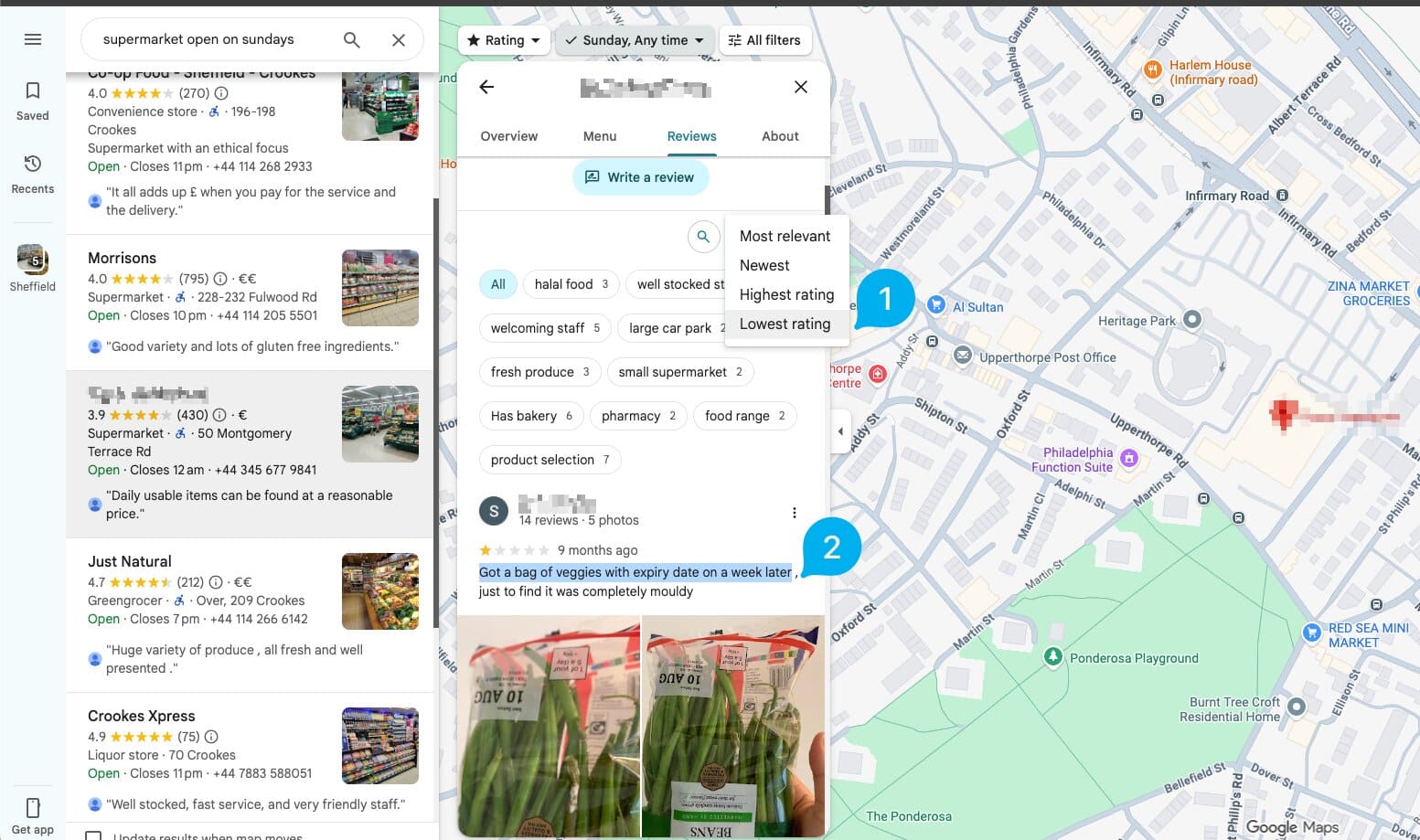 a Google listing interface with the option to select reviews by the "least favourable".