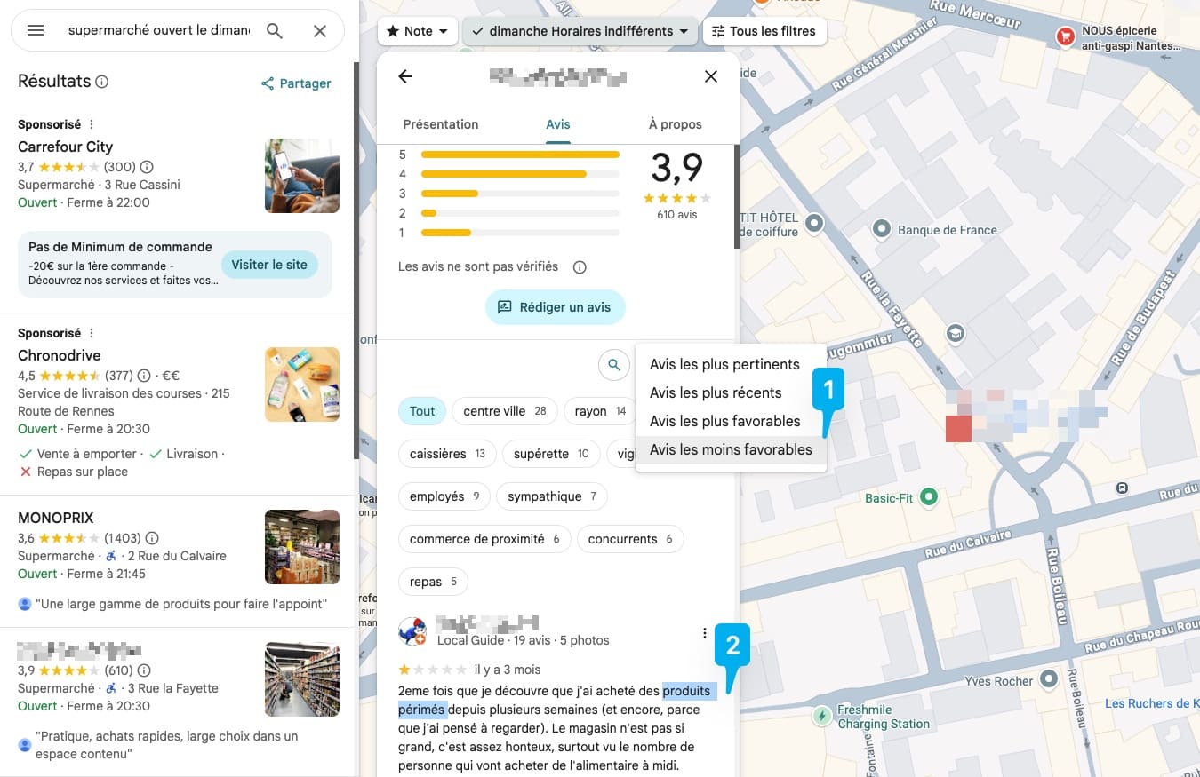 interface d’une fiche google avec l’option de sélectionner les avis par “les moins favorables”