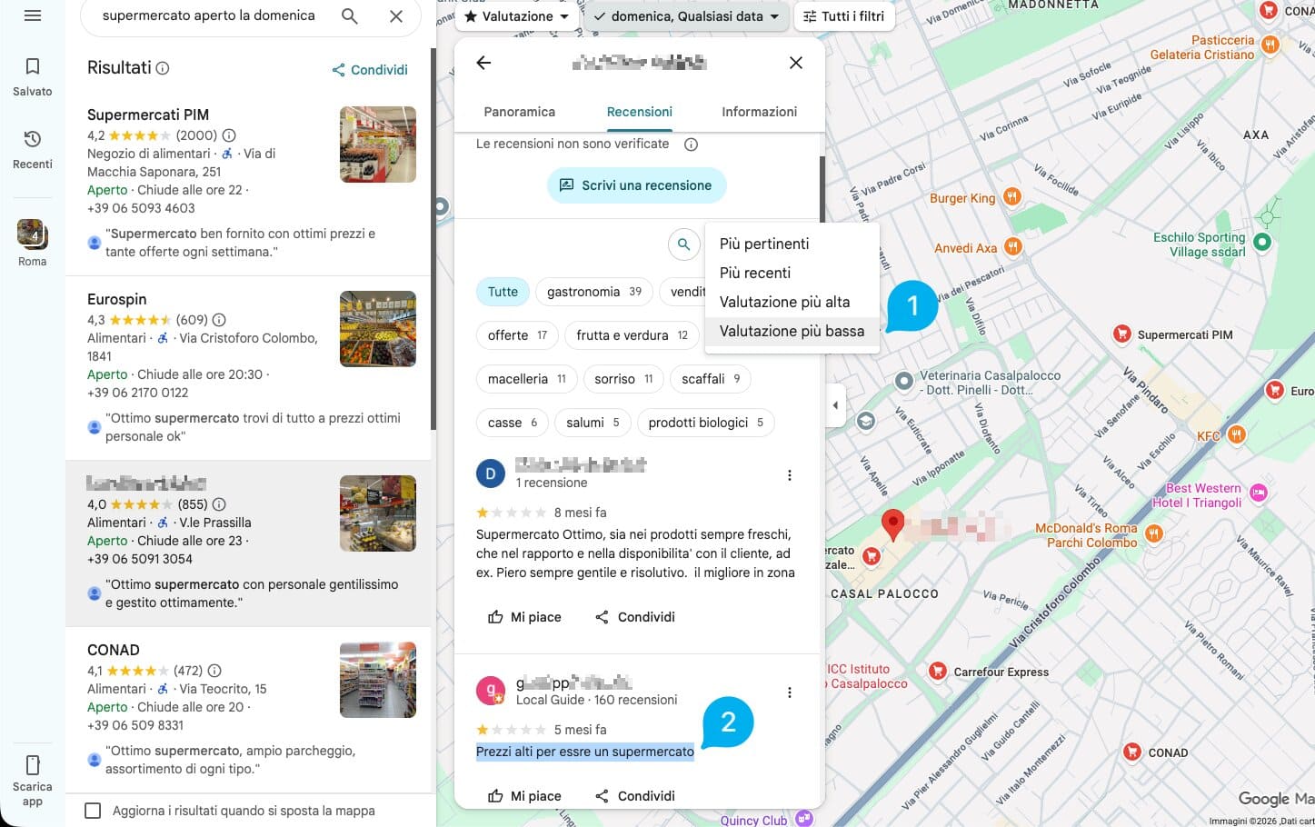 interfaccia di una scheda Google con l’opzione per selezionare le recensioni tramite il filtro “Valutazione più bassa”