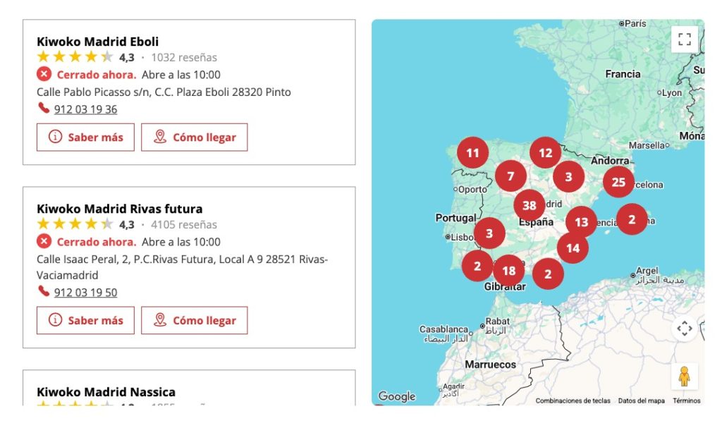 Una lista de establecimientos de un store locator