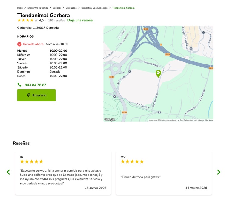 Reseñas en la página local de un store locator