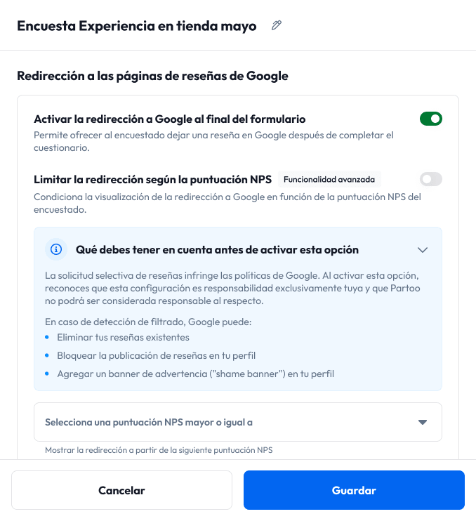 aviso de limitación de redirección según NPS