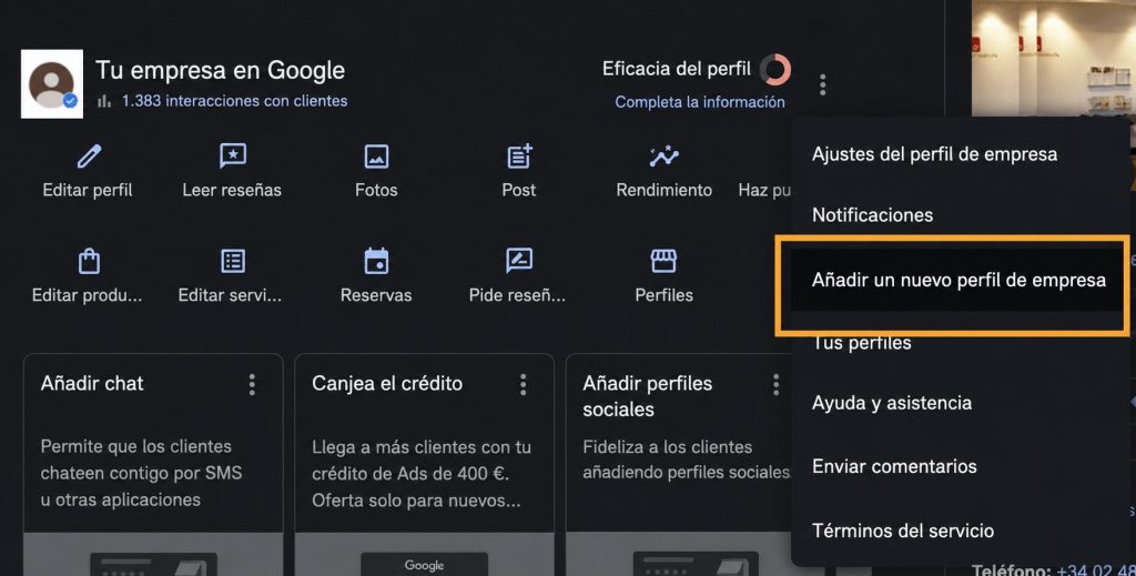 A&ntilde;adir un nuevo perfil de empresa en Google Business Profile