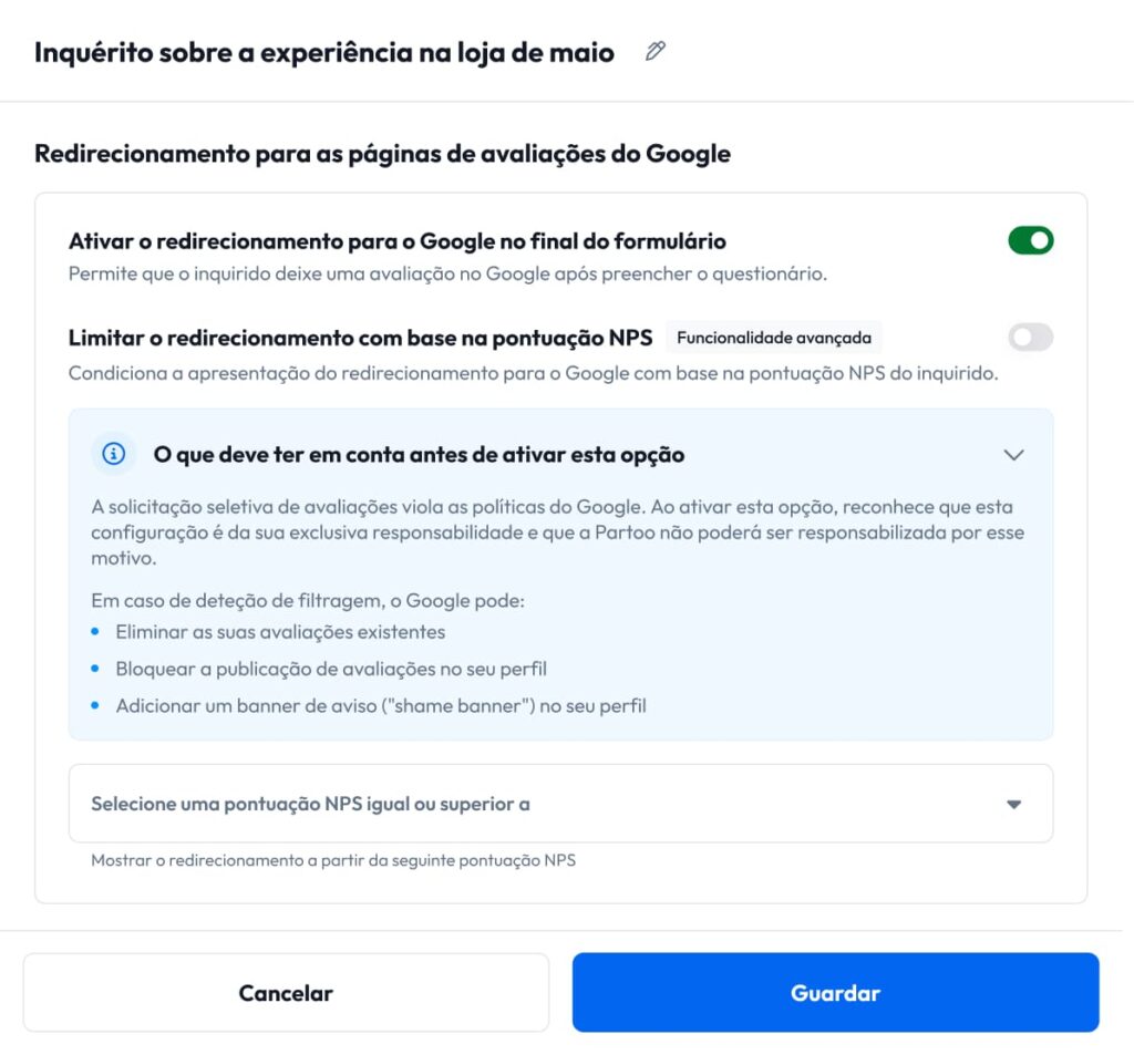 Inquérito sobre a experiência na loja de maio
