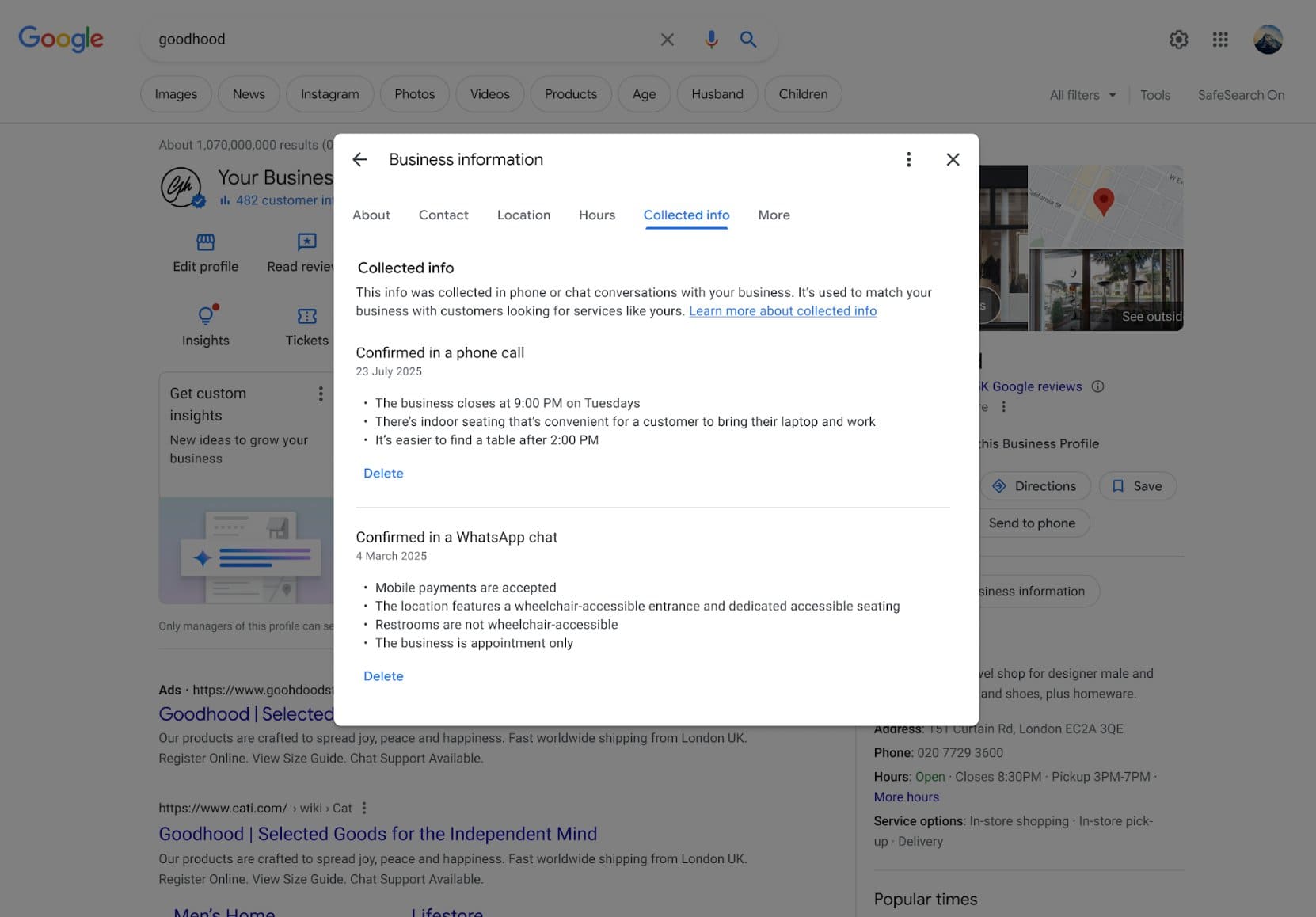 Onglet informations collectées sur Google Business Profile