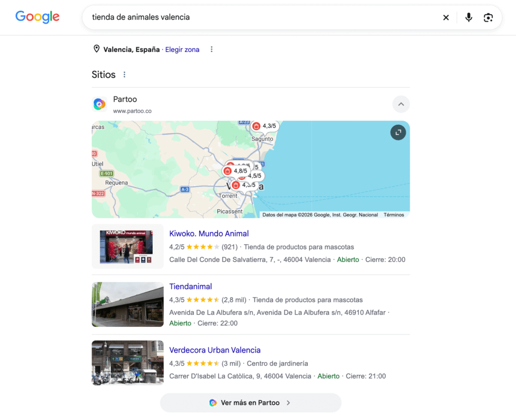 Local pack de Partoo en los resultados de Google