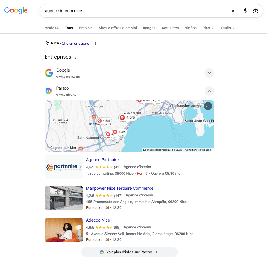 Affichage du local pack Partoo sur une recherche locale